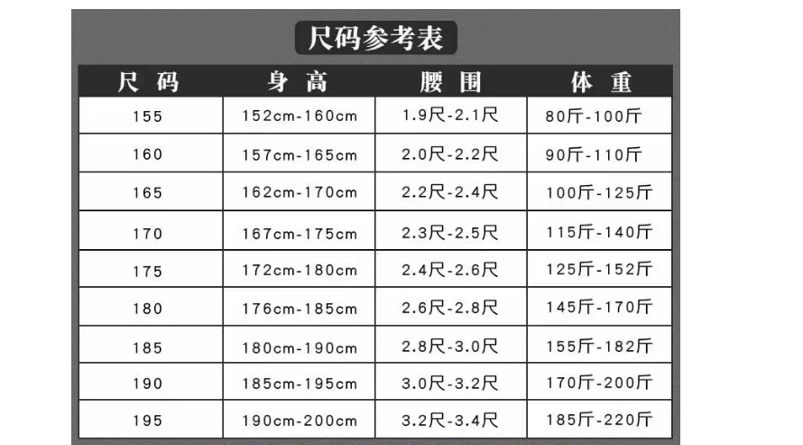 男士工作服尺码、腰围、身高、体重对照表